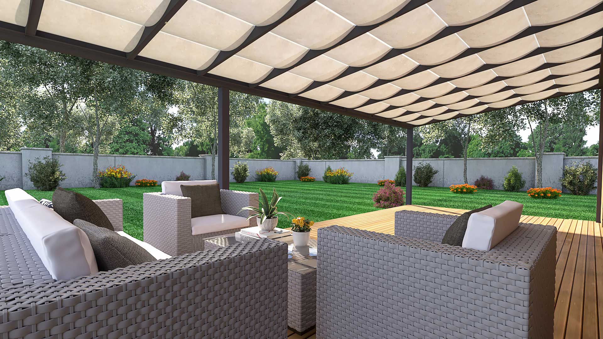 Elegant black glass veranda incorporated into a modern outdoor setting, combining sophistication and practicality
