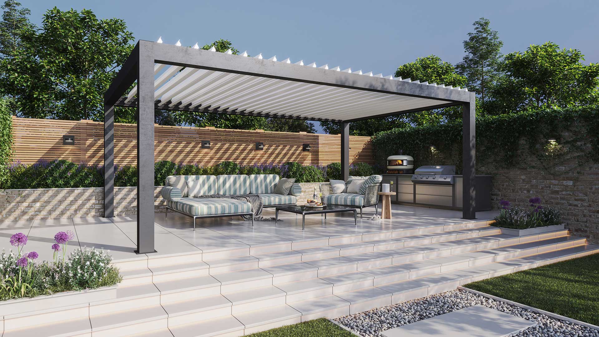 Grey sliding pergola covering outdoor seating area with grey patio furniture