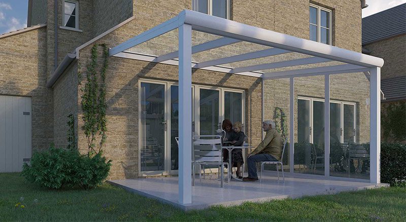 White verandas seamlessly blending with a contemporary garden design, adding an elegant touch to the outdoor space