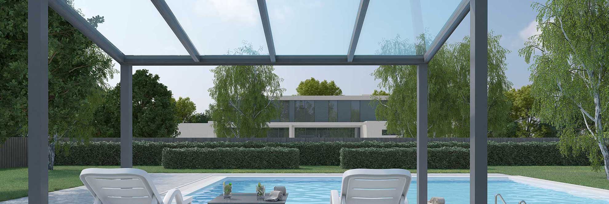 Sliding glass door pergolas shading sun loungers by the pool on a sunny day