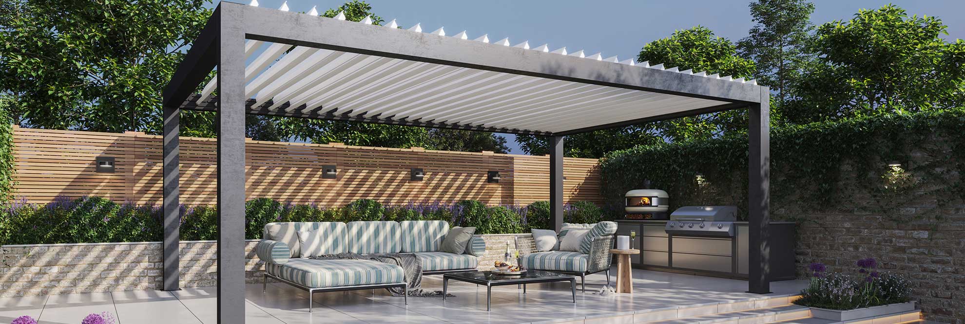 A modern pergola providing shade to outdoor furniture on a sunny day 