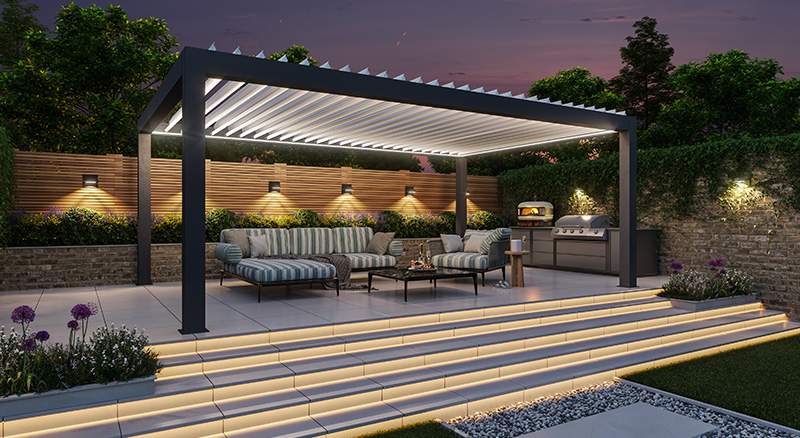 Modern pergolas covering outdoor furniture in the evenings