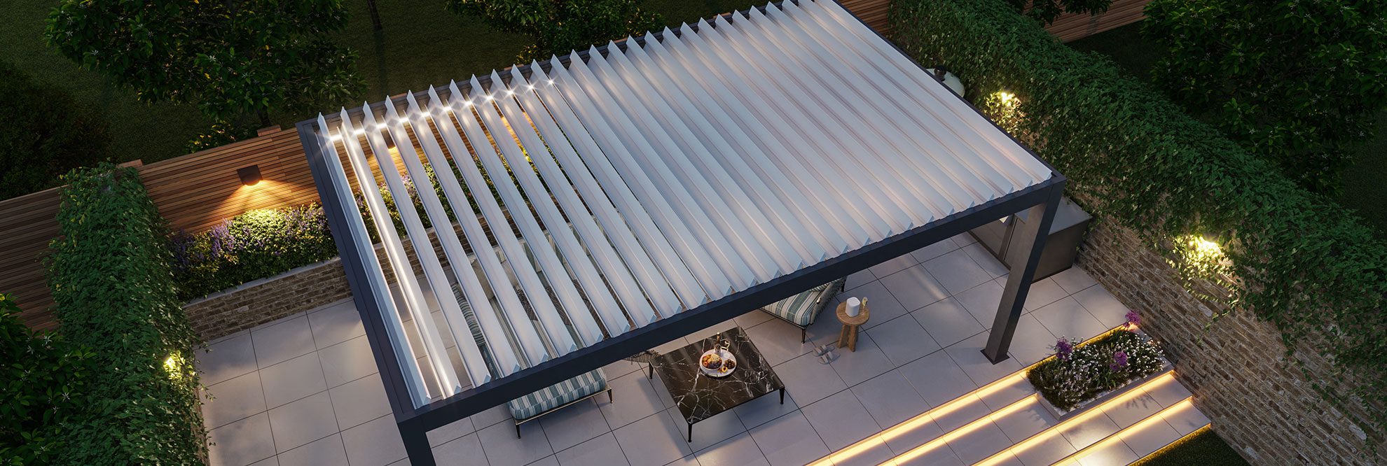 Overhead view of a light grey pergola slider covering a modern outdoor fireplace in a cozy garden