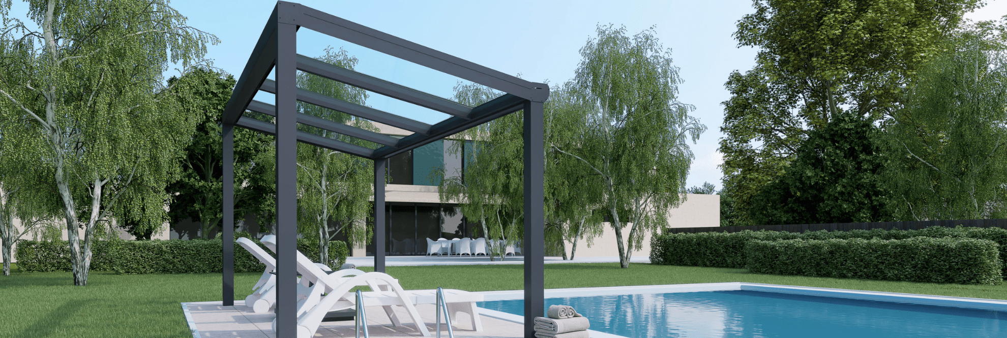 Beautiful grey freestanding canopy next to swimming pool